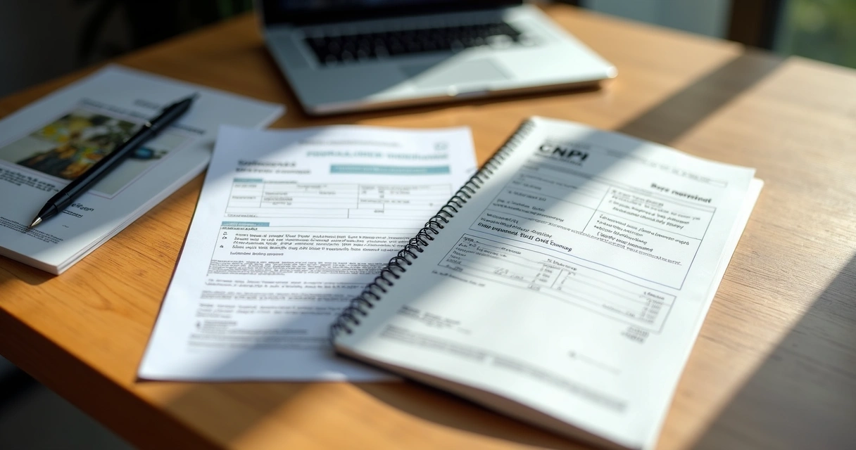 CNPJ e comprovante de endereço sobre uma mesa com notebook e caneta 