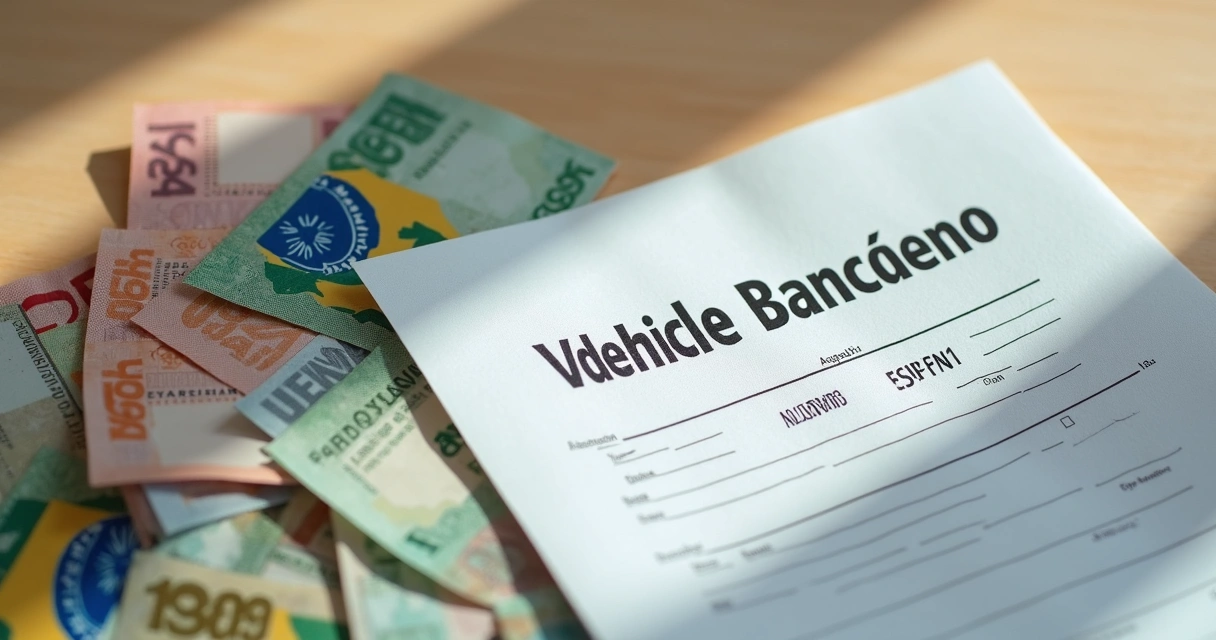Documentos de veículo, boleto bancário e notas de dinheiro sobre mesa clara. 