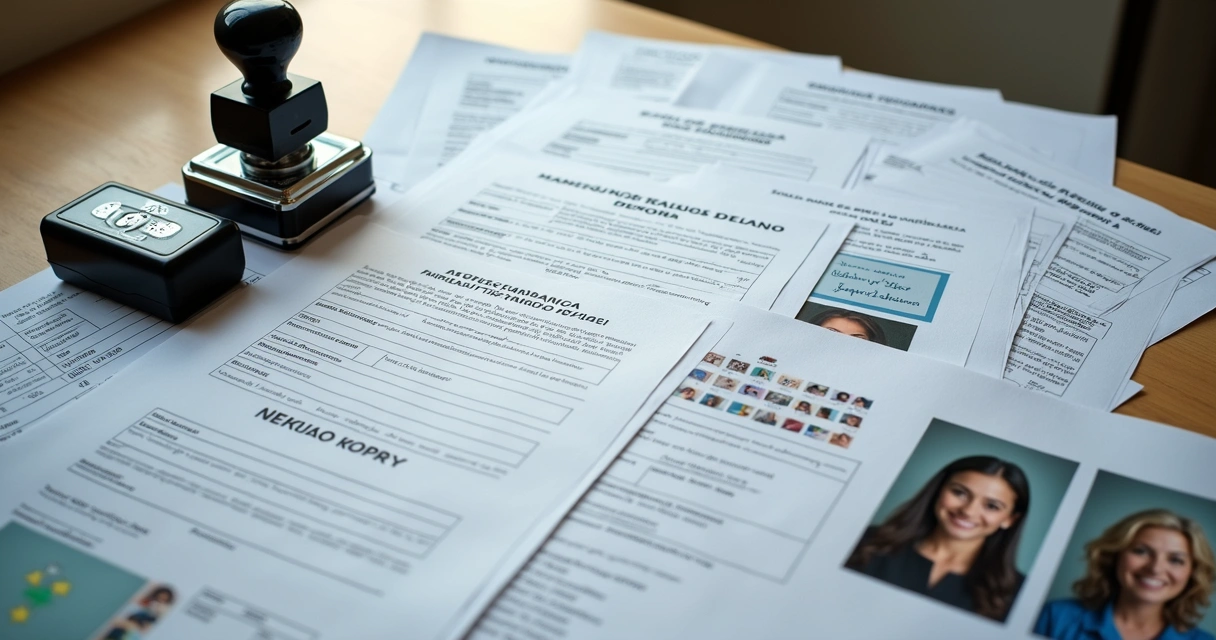 Mesa organizada com documentos, formulário de requerimento preenchido, laudos e um carimbo 