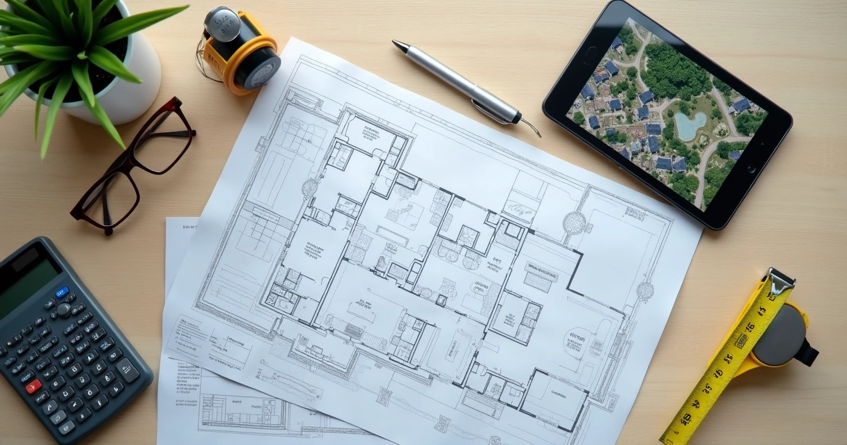 Documentos e planta de imóvel sobre mesa 