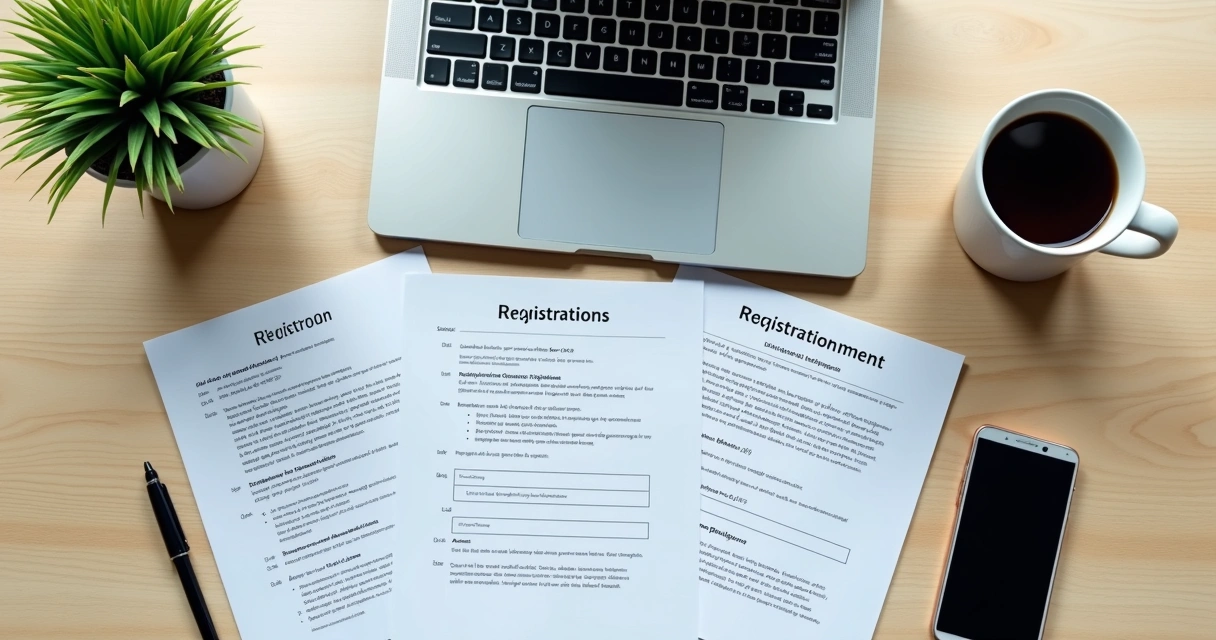 Documentos de cadastro dispostos em uma mesa ao lado de um notebook 