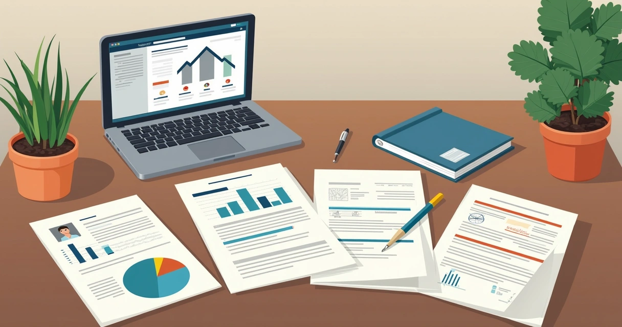 Mesa de escritório com documentos de cadastro de obra 