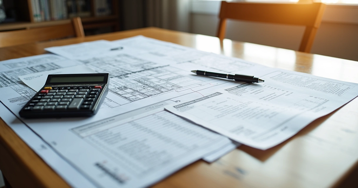 Documentos e calculadora em cima de uma planta de construção 