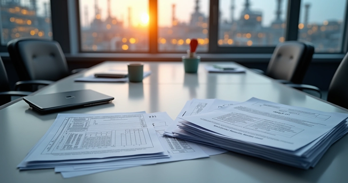 Papelada de inspeção de caldeira organizada em mesa industrial 