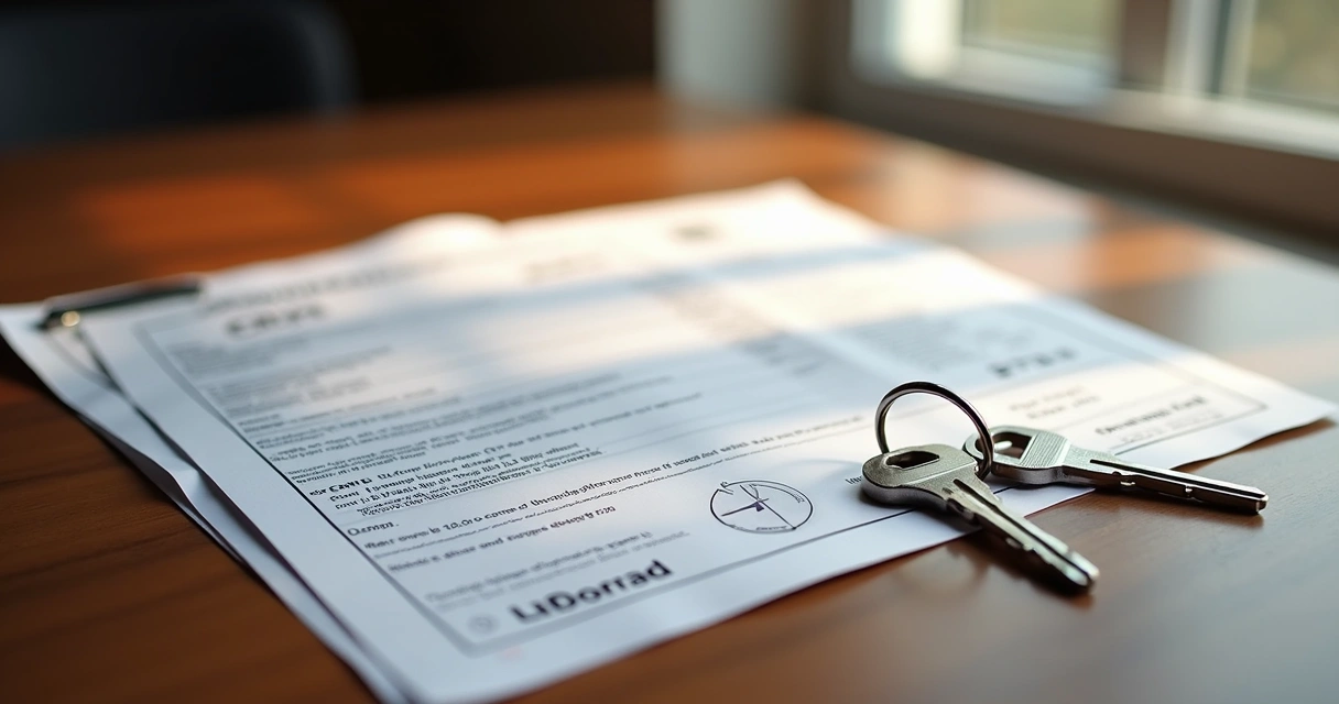 Documentos de caminhão organizados sobre uma mesa com chave veicular ao lado, visão superior