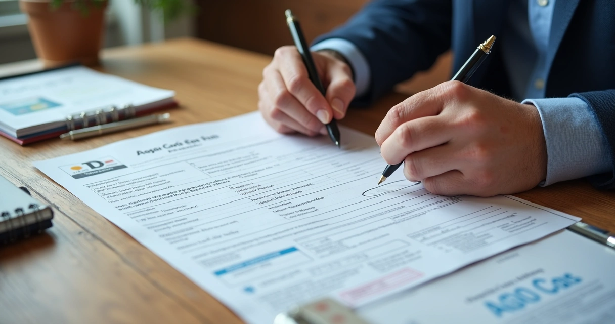 Pessoa preenchendo formulário de inscrição política com documentos na mesa 