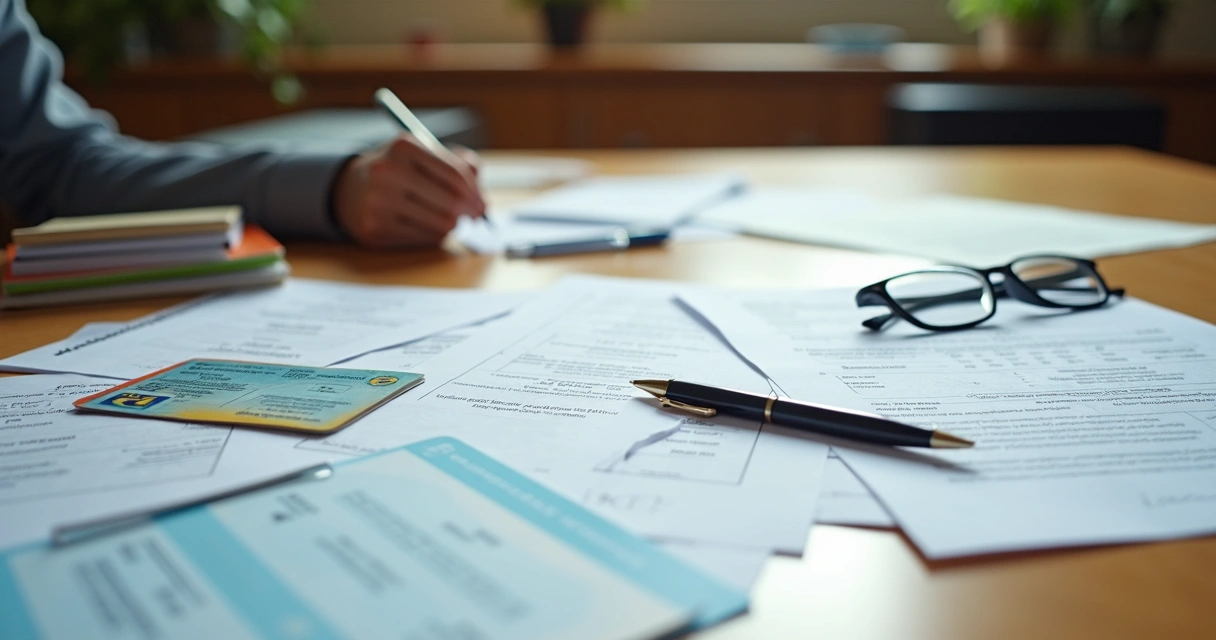 Bancada com diversos documentos, pasta, título eleitoral e certidões em destaque 