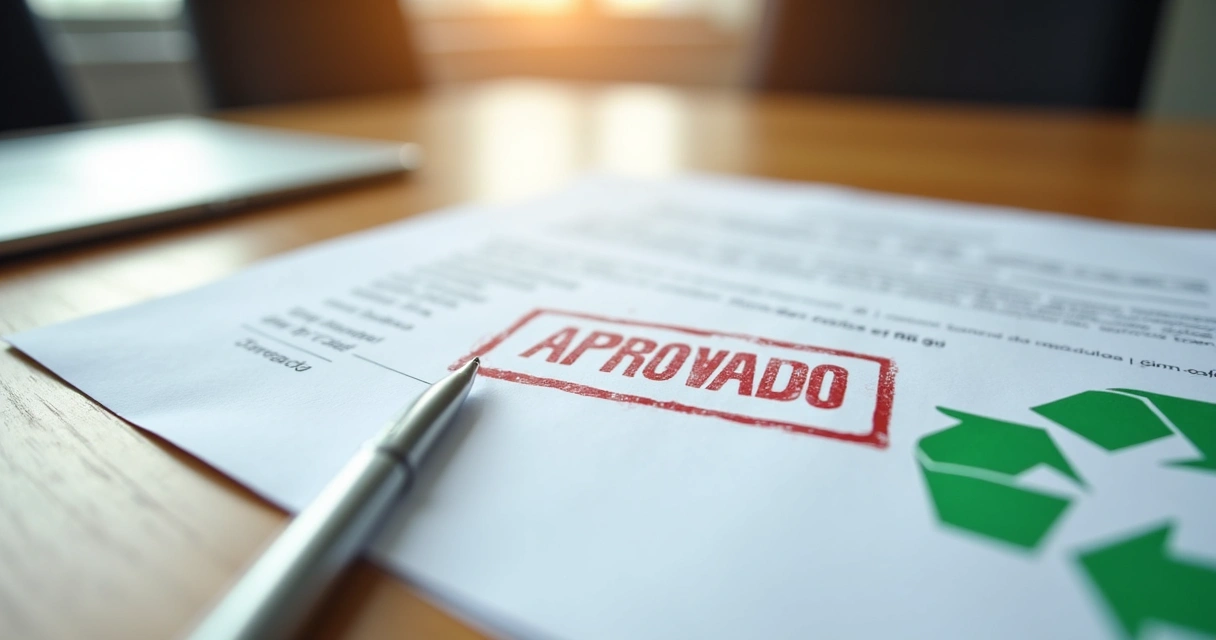 Documentos oficiais do projeto de reciclagem sobre uma mesa, com carimbo de aprovado visível 