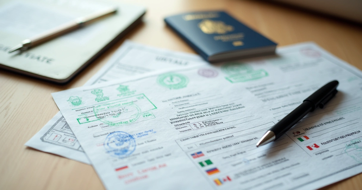 Mesa com certidões de nascimento e casamento, carimbos, passaporte e uma caneta. 