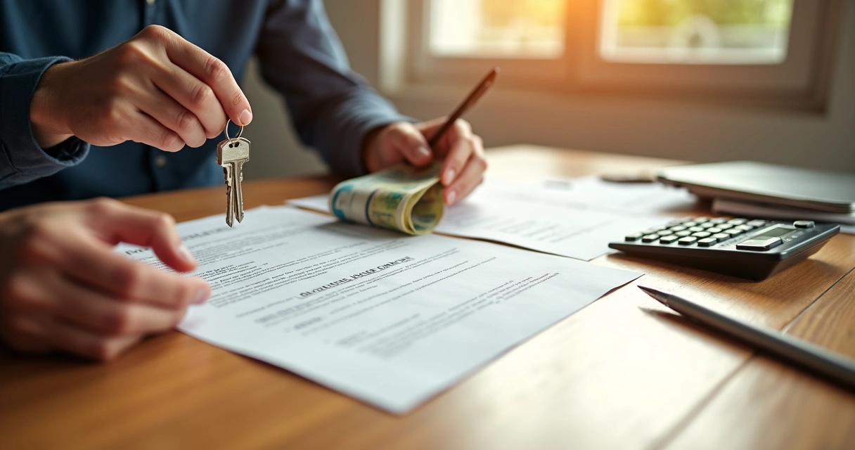Contrato de aluguel e mãos segurando chaves e dinheiro 