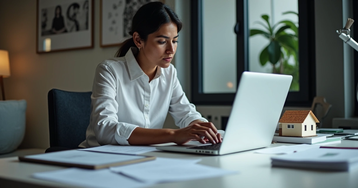 Agente imobiliário conferindo certidões em notebook