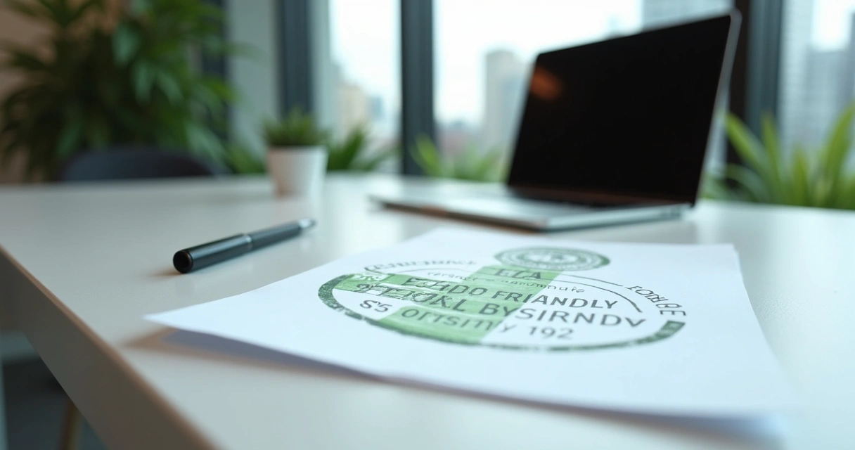 Documento de certificação ambiental e ética sobre mesa de escritório moderno 