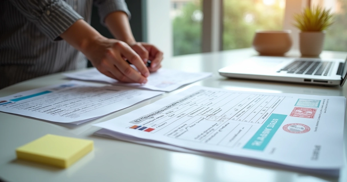 Pessoa organizando documentos de certificado de idioma em mesa clara