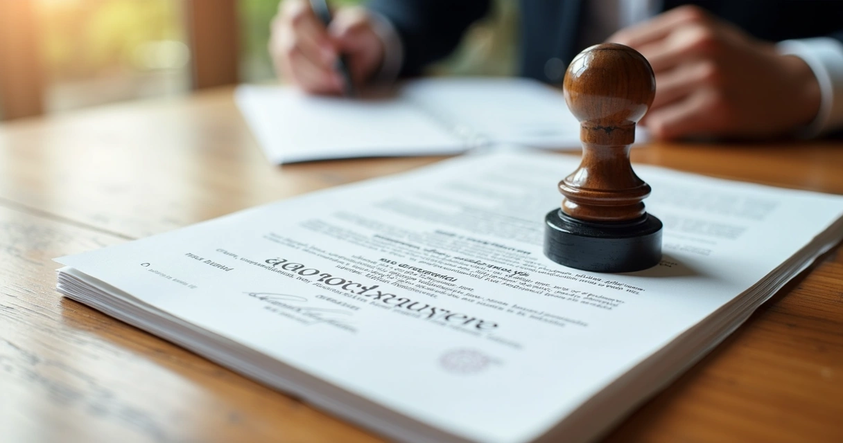 Certidão traduzida, carimbo e selo de autenticidade ao lado de papéis 