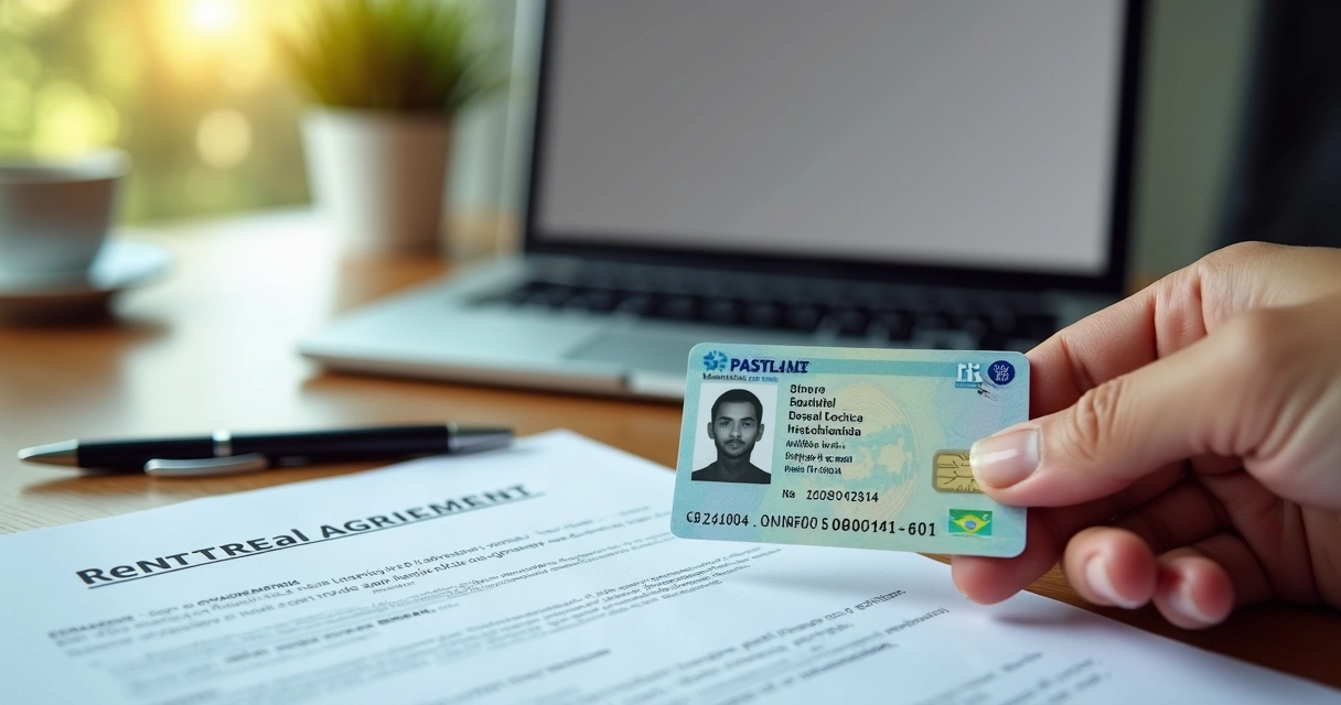 Documentos verificados para aluguel em mesa, com mão segurando carteira de identidade 