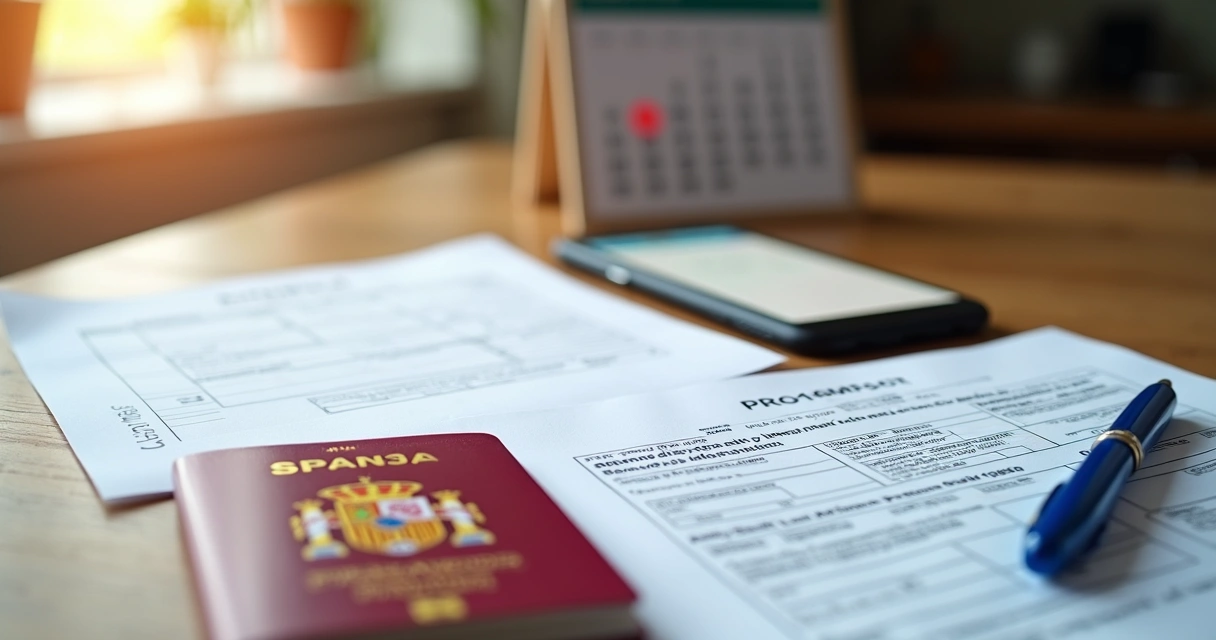 Documentos organizados sobre uma mesa, com passaporte espanhol e formulário de requerimento 