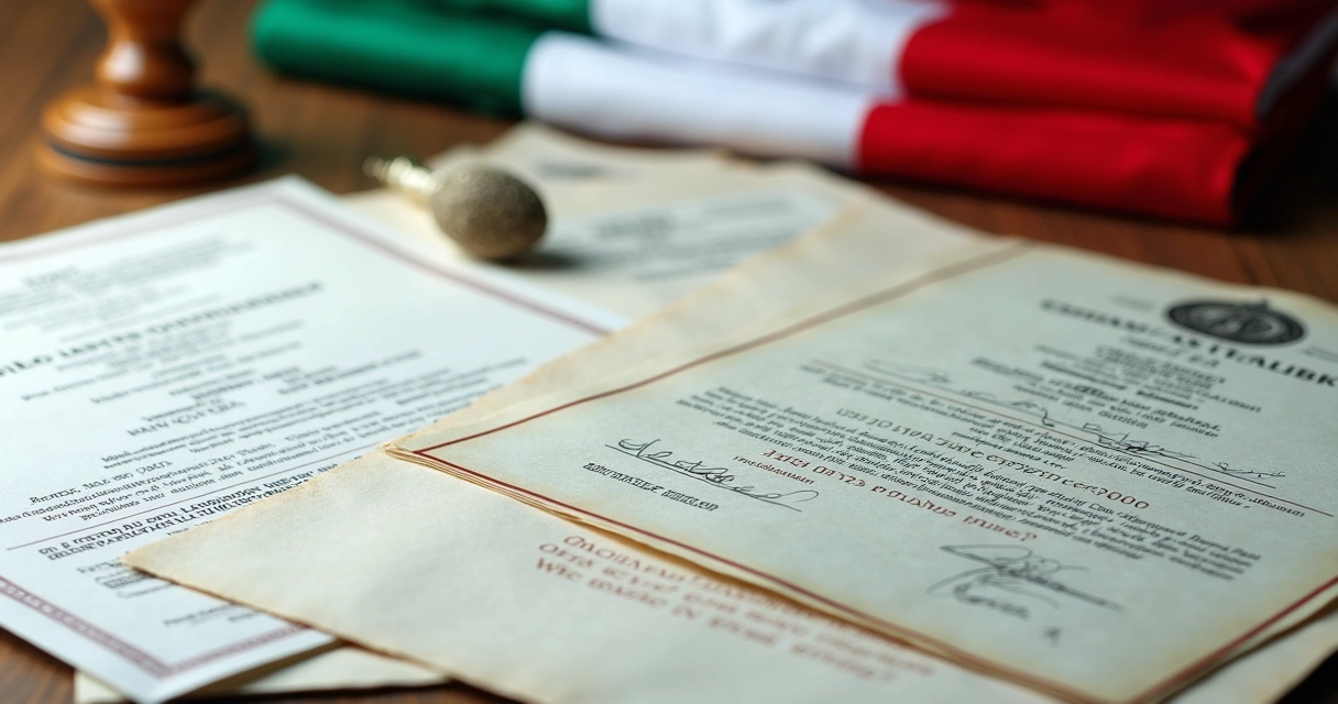 Certidões e documentos para cidadania italiana dispostos em uma mesa 