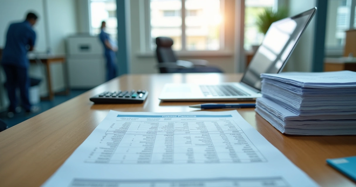 Documentos e computador em mesa de clínica 