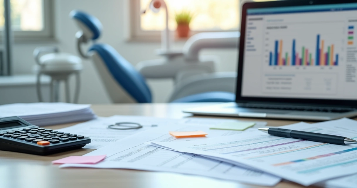 Documentos fiscais sobre uma mesa de consultório odontológico