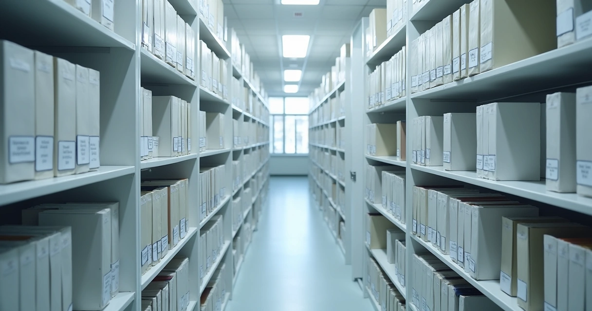 Caixas e pilhas de documentos organizados em estantes de uma clínica médica 