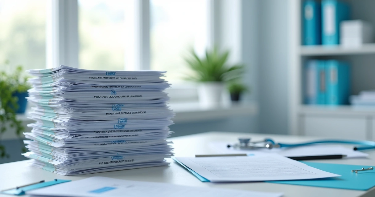 Documentos organizados em uma mesa de clínica de saúde 