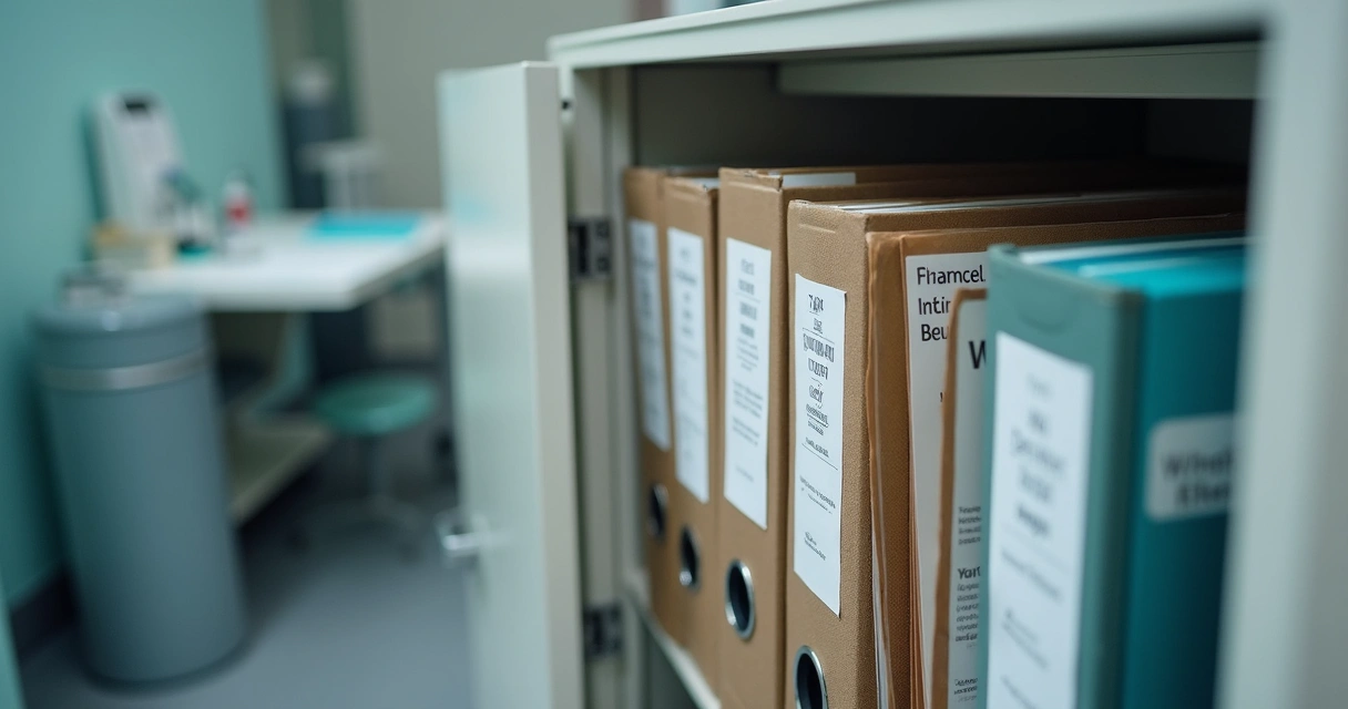Documentos organizados em pastas e cofres de clínica médica 