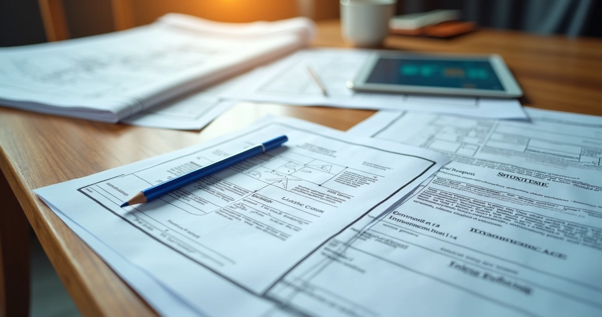 Documentos organizados em mesa sobre obras de construção 