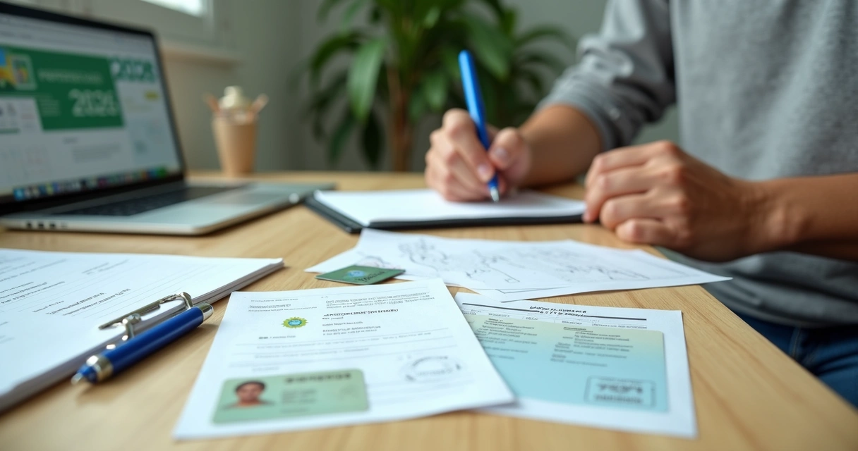 Pessoa jovem organizada sobre mesa com documentos para tirar CNH e calendário de 2026 ao fundo 