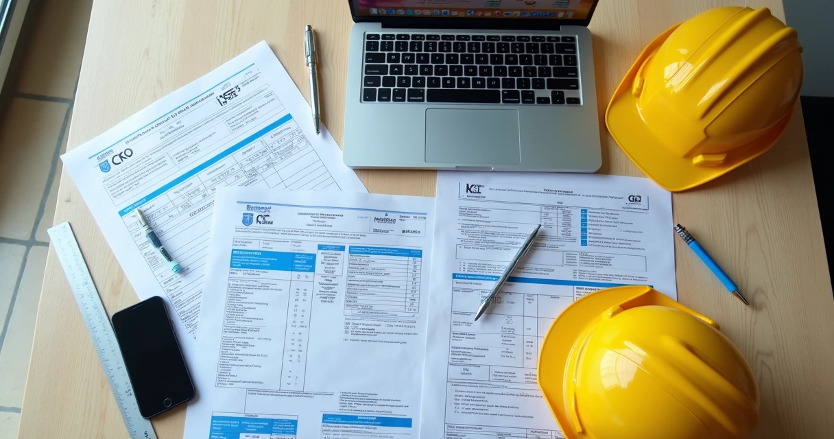 Documentos de obra com CNO, laptop e capacete sobre mesa