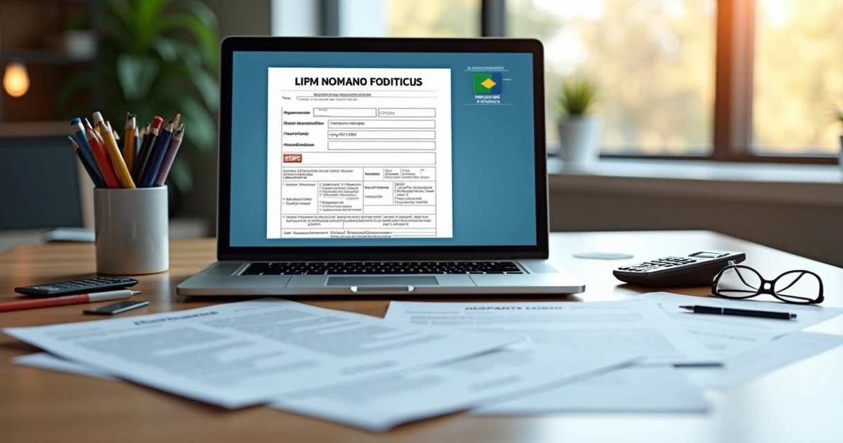 Mesa de trabalho com documentos para abertura de empresa e laptop mostrando formulário do CNPJ 