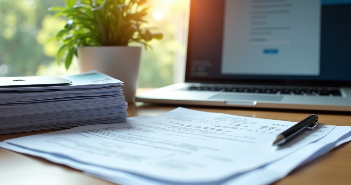 Documentos organizados para abertura de CNPJ e um notebook 