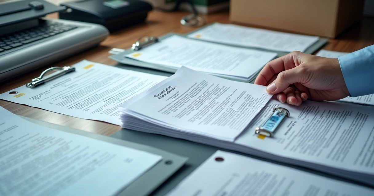 Pilha de documentos sobre uma mesa organizados por tipo. 