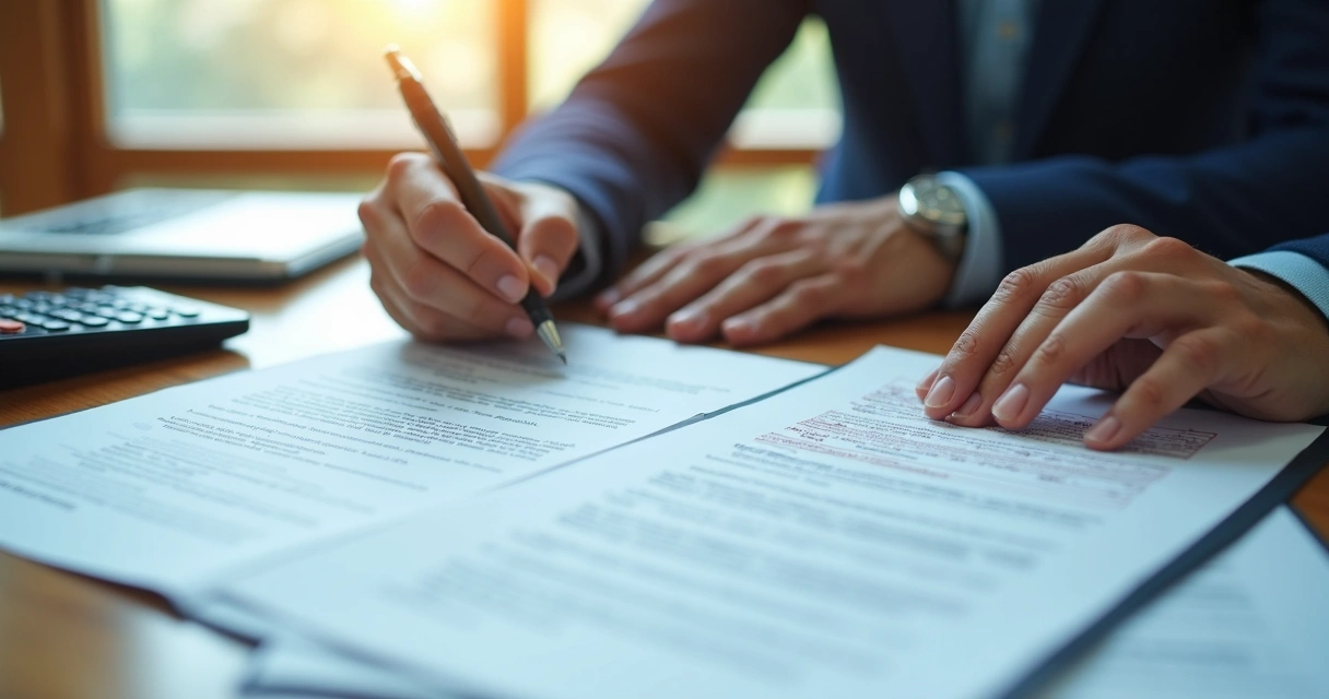 Pessoa assinando documentos de comércio exterior ao lado de notebooks e carimbos 