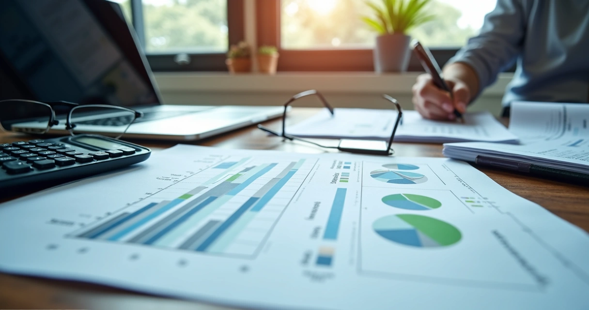 Documentos fiscais e gráficos em mesa corporativa