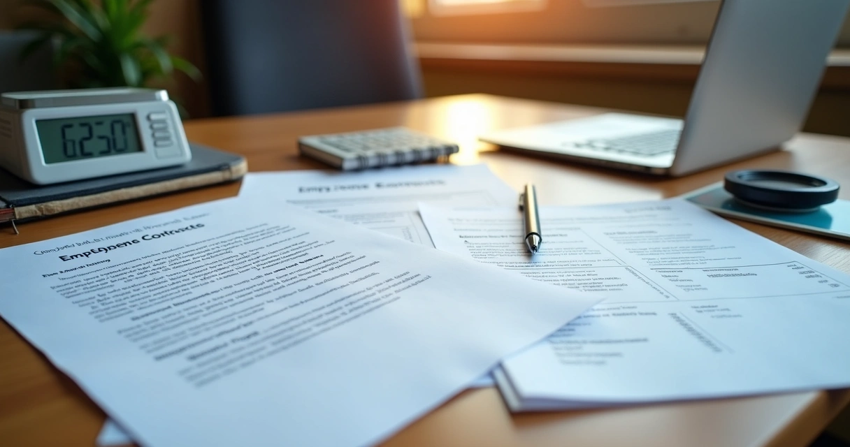 Mesa de escritório com documentos de recursos humanos, contratos e recibos organizados 