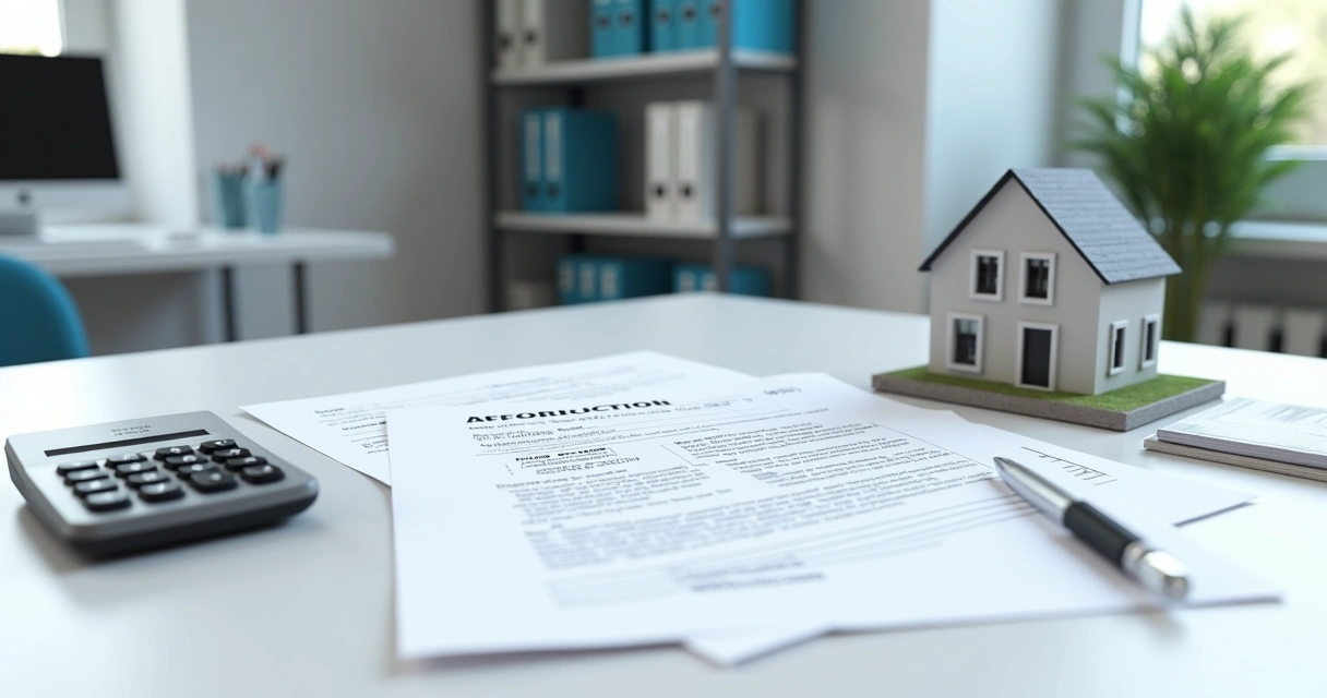 Documentos de compra de apartamento sobre mesa com contrato e calculadora 