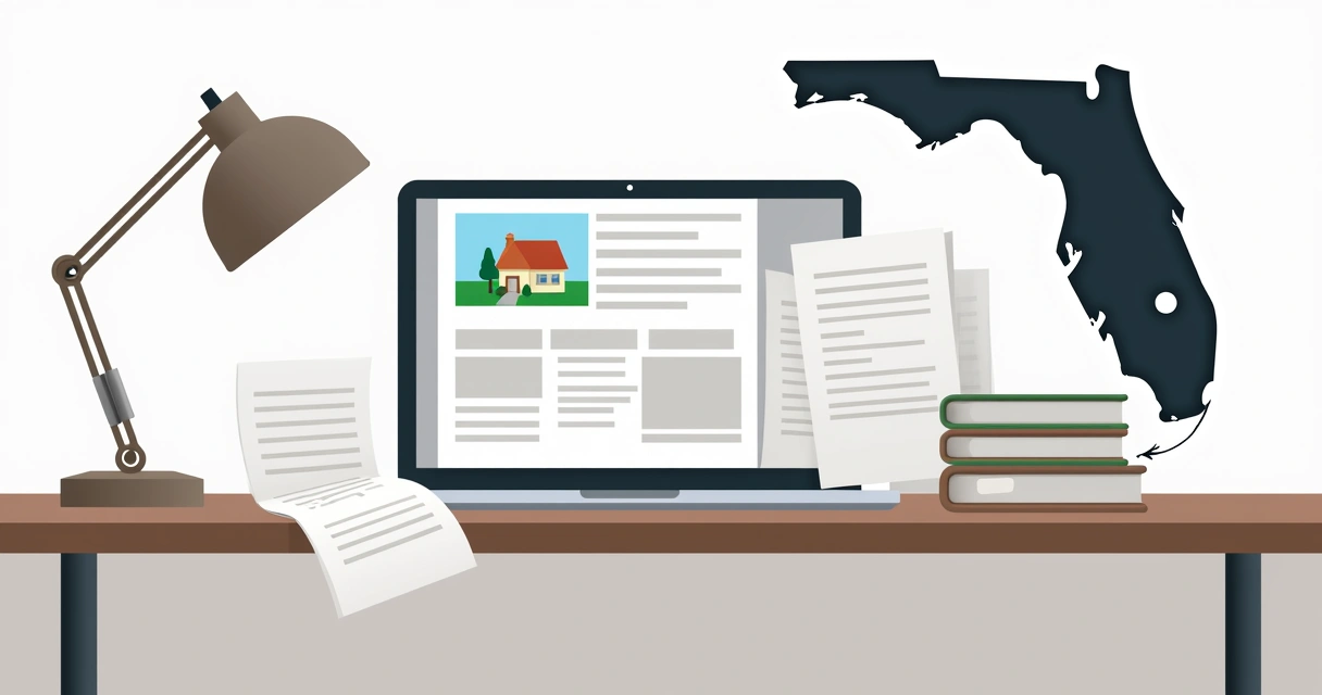 Documents organized on the table next to a laptop and house key 