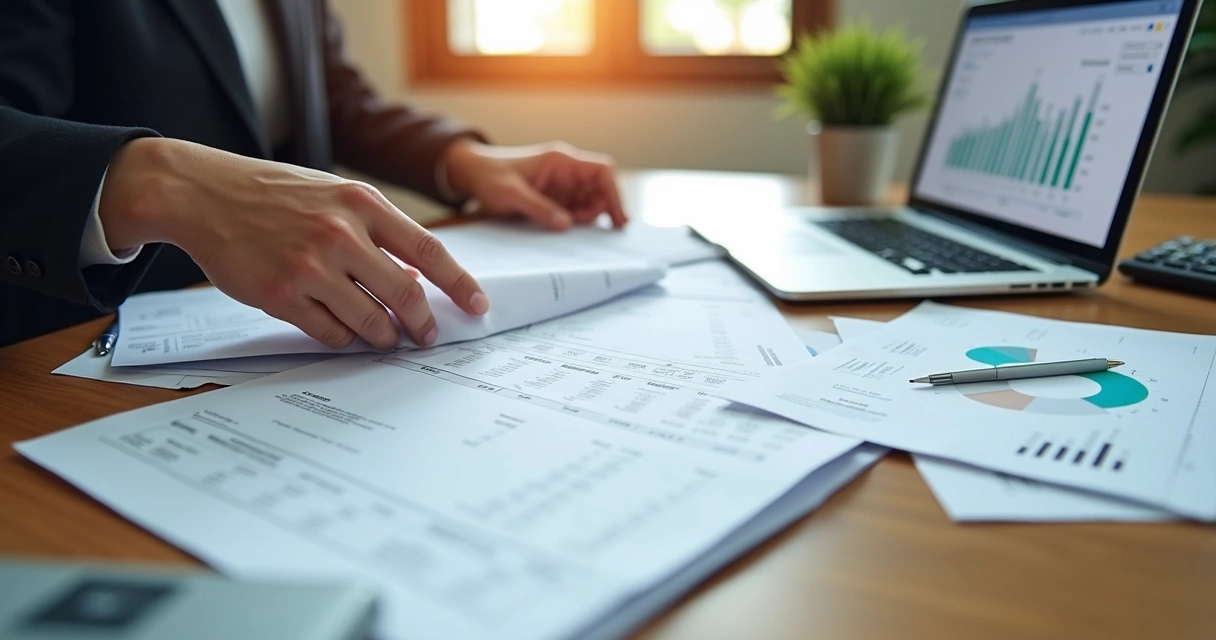 Documentos fiscais e recibos em mesa de escritório