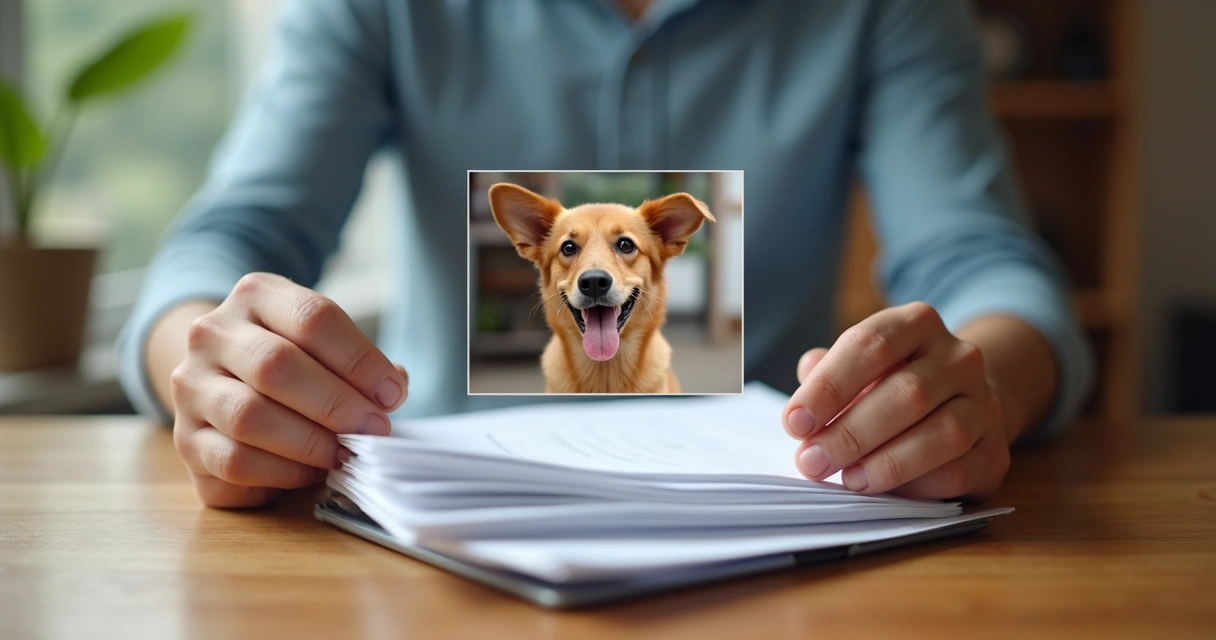 Mãos segurando documentos e foto de cachorro. 