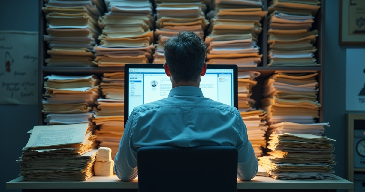 Armário e computador com múltiplos arquivos e pastas de condomínio espalhados diante de um síndico preocupado 