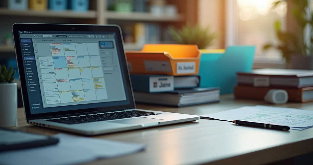 Documentos organizados e computador com agenda digital de condomínio 