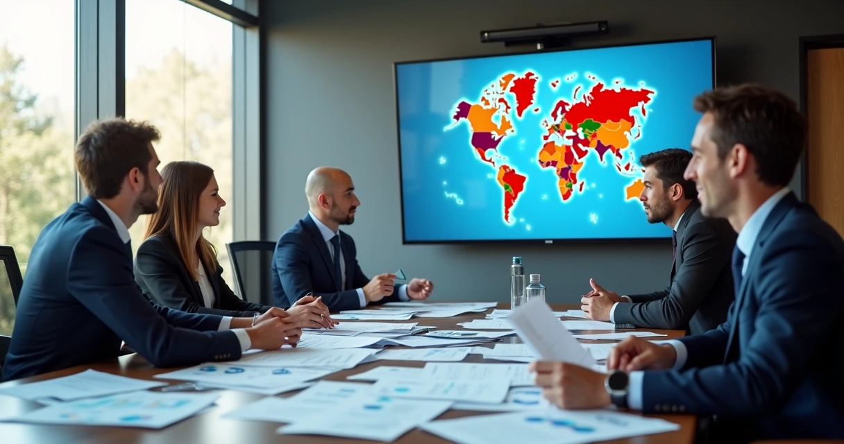 Equipe analisando documentos e regulamentos cambiais em sala de reunião 