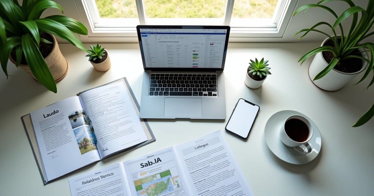 Documentos ambientais organizados em mesa de escritório 