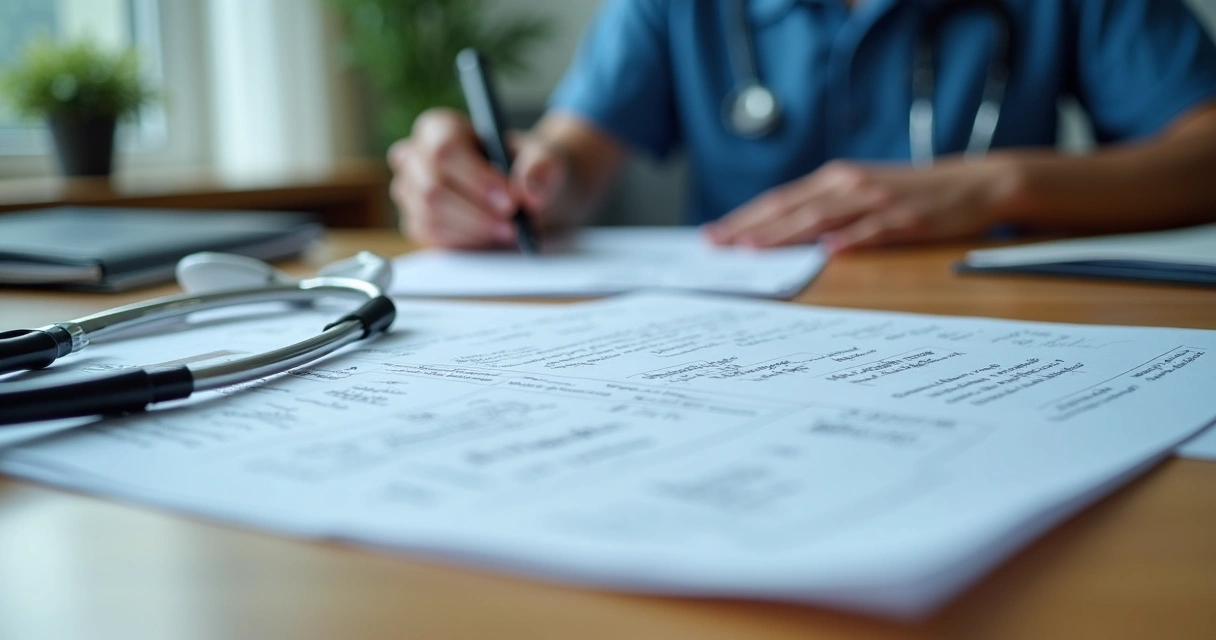 Prontuário médico, termos de consentimento e documentos em uma mesa de consultório