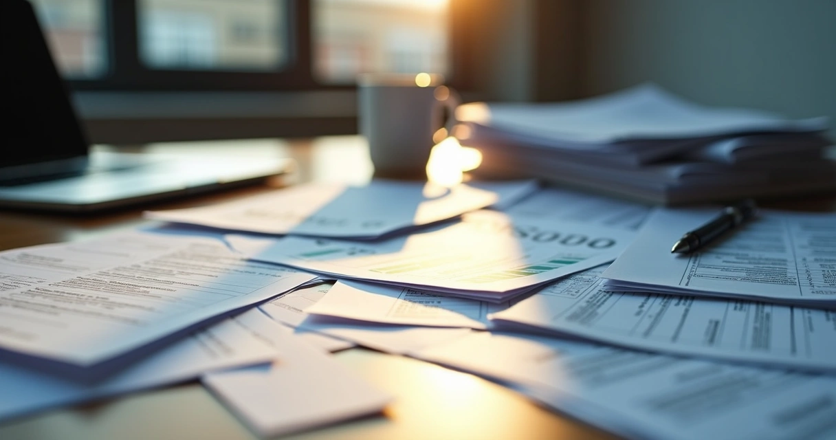 Documentos de contabilidade empilhados em uma mesa 