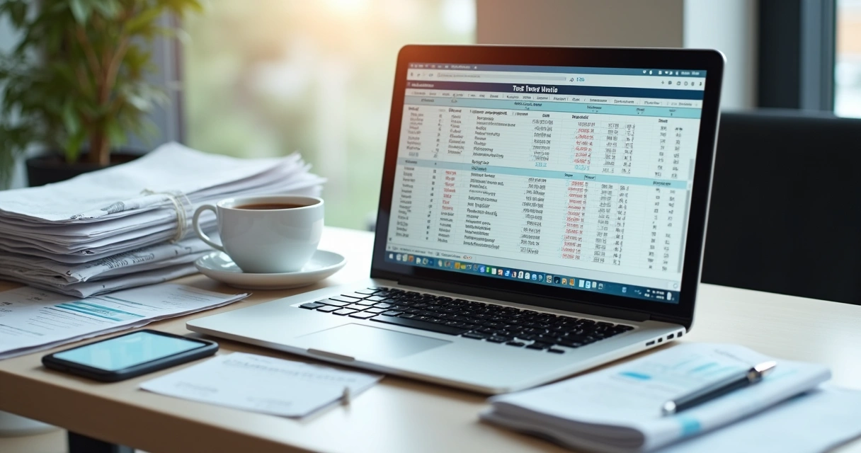 Documentos contábeis digitalizados sobre uma mesa na frente de computador 