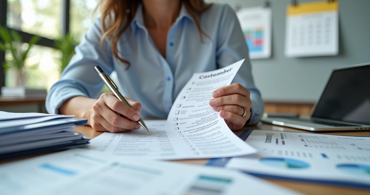 Empresário conferindo lista de documentos contábeis em mesa de escritório