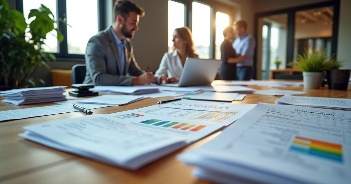 Documentos fiscais organizados em mesa ampla 