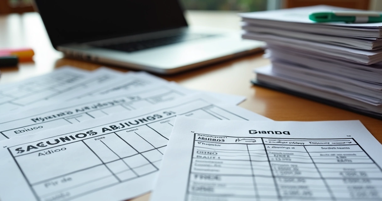 Documentos contábeis organizados em pilhas separadas com etiquetas