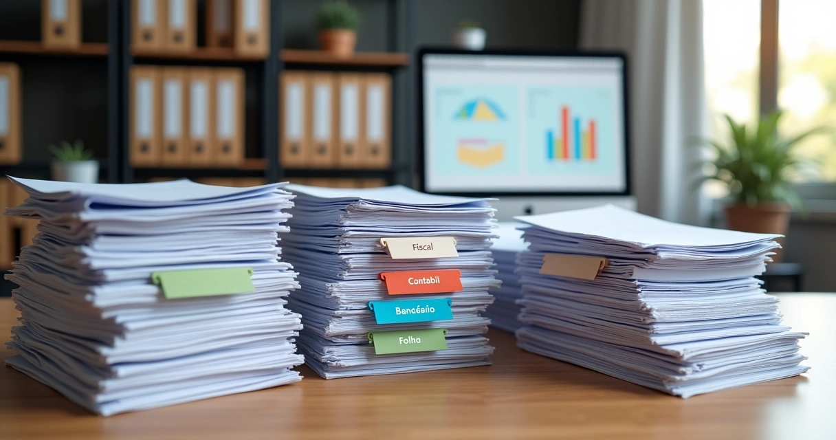 Pilha de documentos contábeis organizados com etiquetas e divisórias em um escritório 